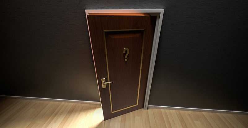 An illustration of a door with a question mark left ajar with light streaming from the room.