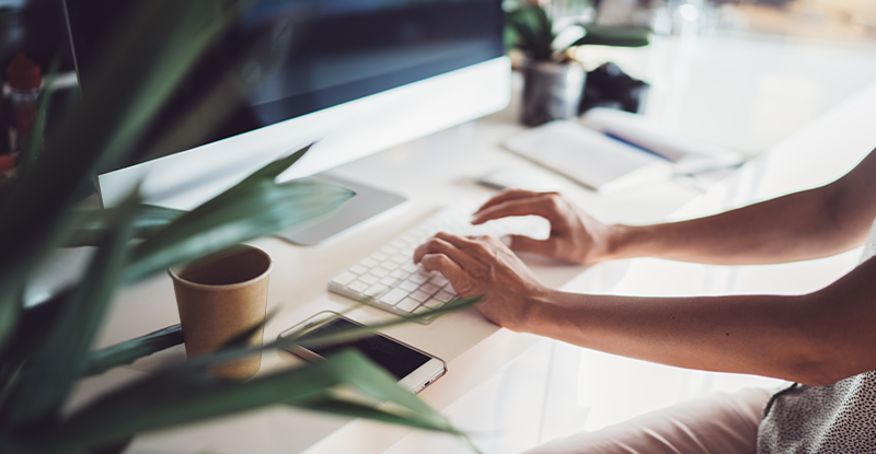 A photo of a woman typing on her keyboard with potted plants in her surrounding office space, which creates a calm and serene environment.