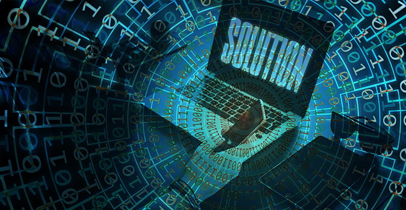 A photo of a laptop with the word 'Solution' displayed on its screen, surrounded by overlaid binary numbers arranged in a circular pattern.