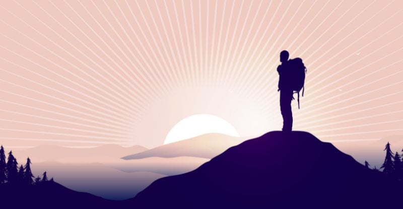 An illustration of a man with a bag pack is looking at a sunrise from the top of a mountain.