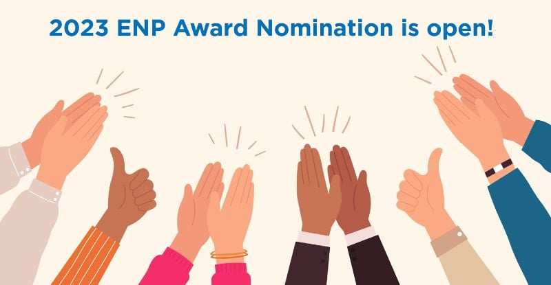 An infographic with multiple hands clapping to the text that says "2023 Exemplary New Professional Award nomination is open".