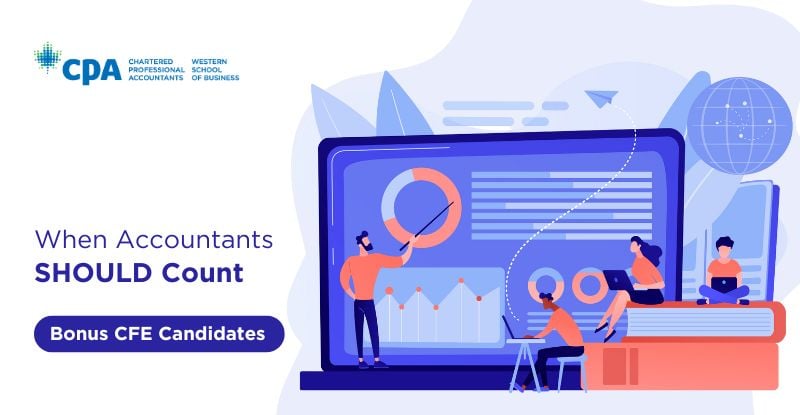 An illustration of a man showing stats and others are taking notes while listening. There is a text on the left side that says "When should accountants count. Bonus CFE Candidates".