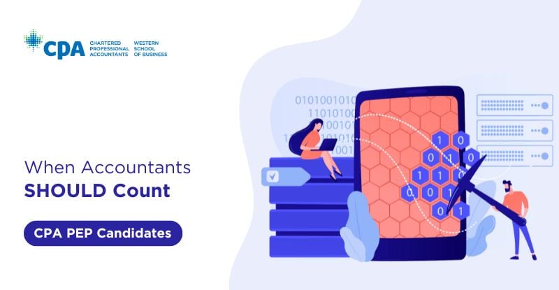 An illustration of a man hammering numbers on a huge calculator and a woman sitting on a high shelf. There is a text on the left side that says "When should accountants count. CPA PEP Candidates".