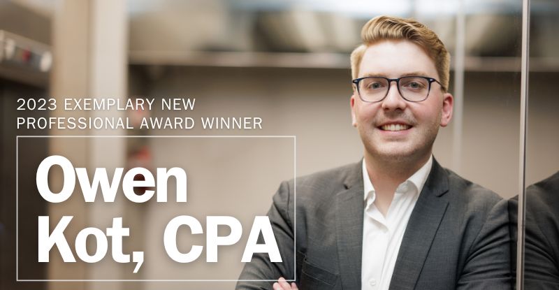 A photo of the 2023 Exemplary New Professional (ENP) award winner, Owen Zim, CPA, smiling confidently against an office background.