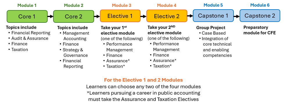 An infographic that shows what topics the core, elective and capstone modules cover.